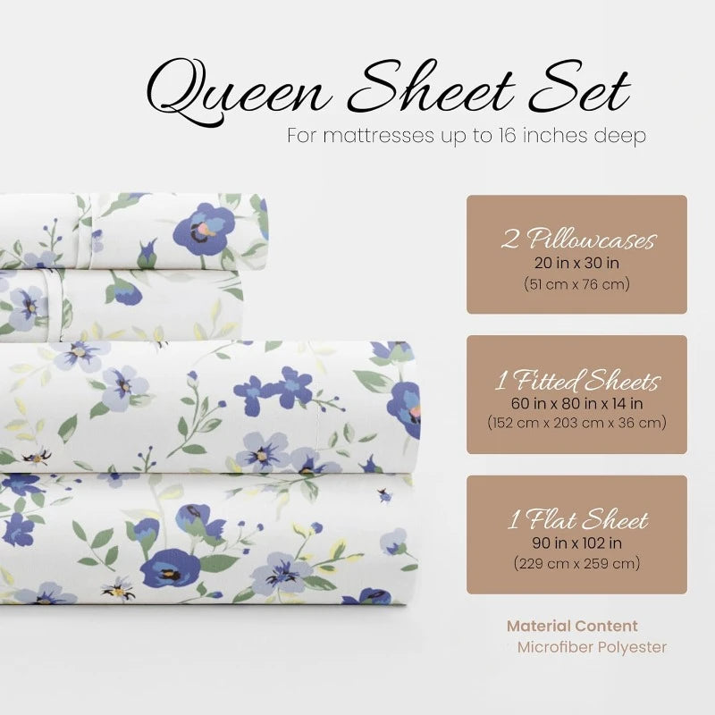 4 Piece Queen Sheet Set (Light Blue Floral) - Ultra-Soft & Cooling Bed Sheets