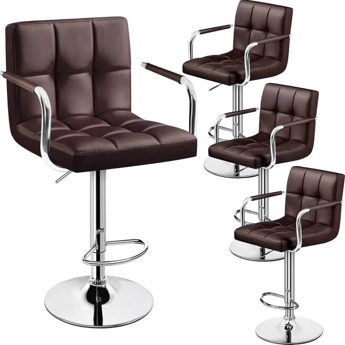 Adjustable Swivel Bar Stools Set of 2, Hydraulic Counter Height with Armrest & Back, PU Leather for Kitchen & Bar