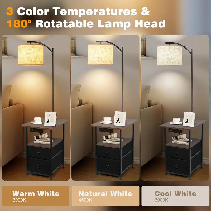 Reading Floor Lamp with Table, Charging Ports and Drawers