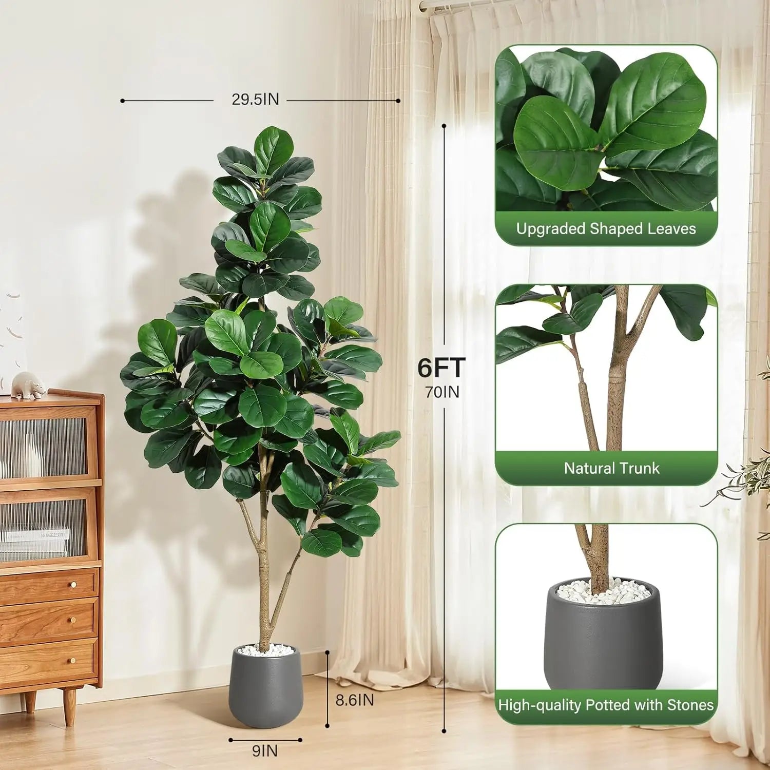 4FT/5FT/6FT/7FT Fiddle Leaf Fig Tree Artificial with Leaves, Realistic Faux Ficus