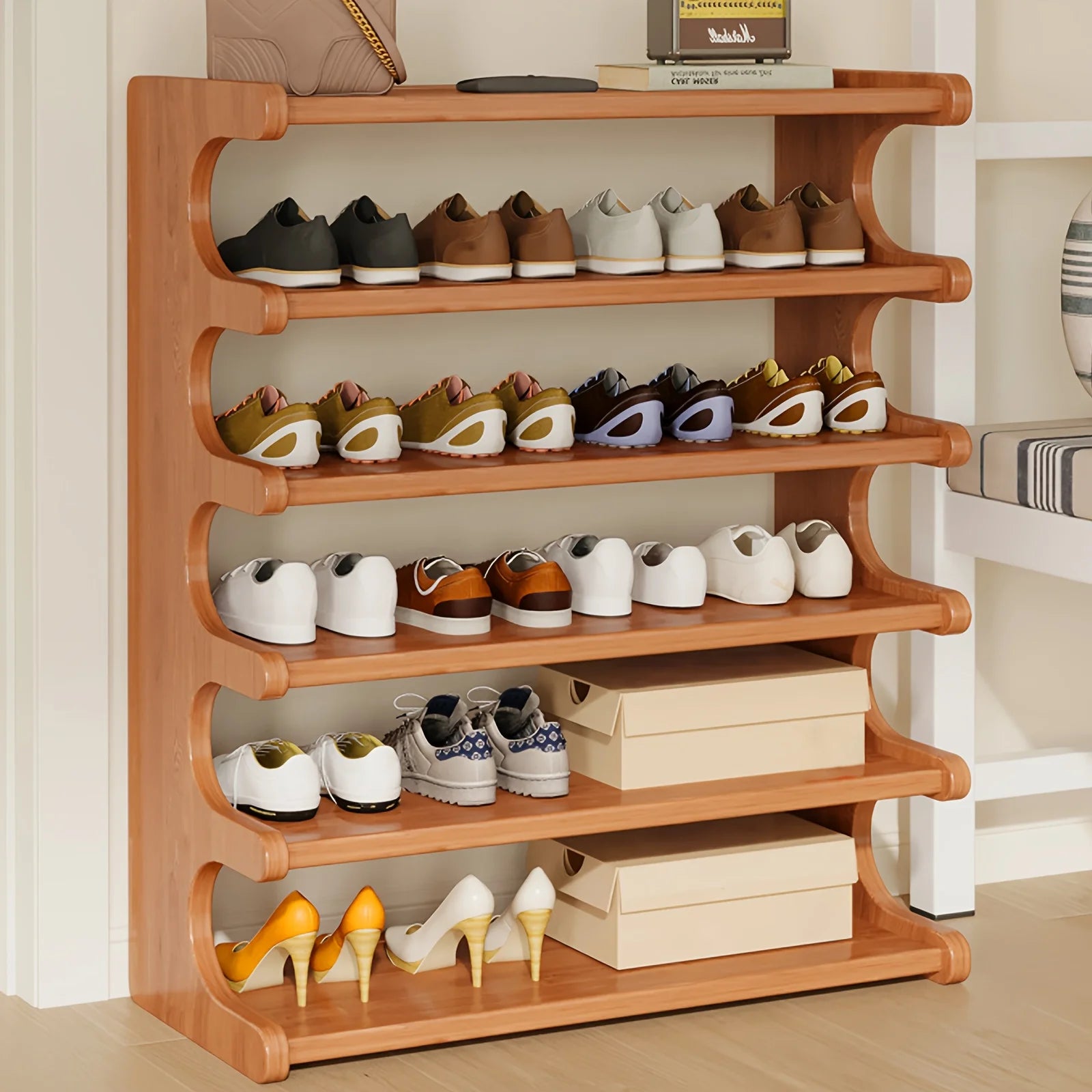 Multi-Tier Shoe Storage Rack, Compact Space-Saving Easy Assembly, Square Shelves for Entryway