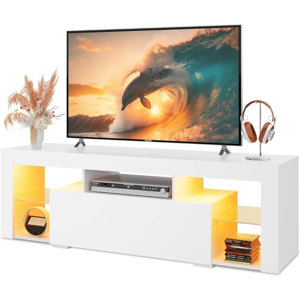 Modern Entertainment Center for 32-60 Inch TVs, LED Lights & 2 Drawers
