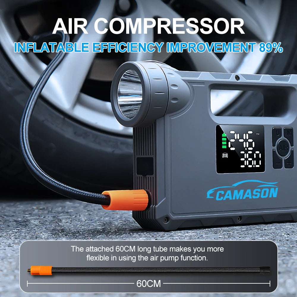5 in 1 Car Jump Starter with air Compressor Portable Flashlight