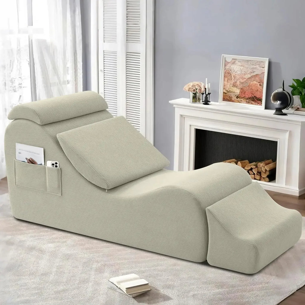 Yoga Chair Lounge for Adult, Ergonomic Chaise Lounge Chair with Side Pocket, Headrest, Waist Pad, Ottoman，Perfect for Stretching