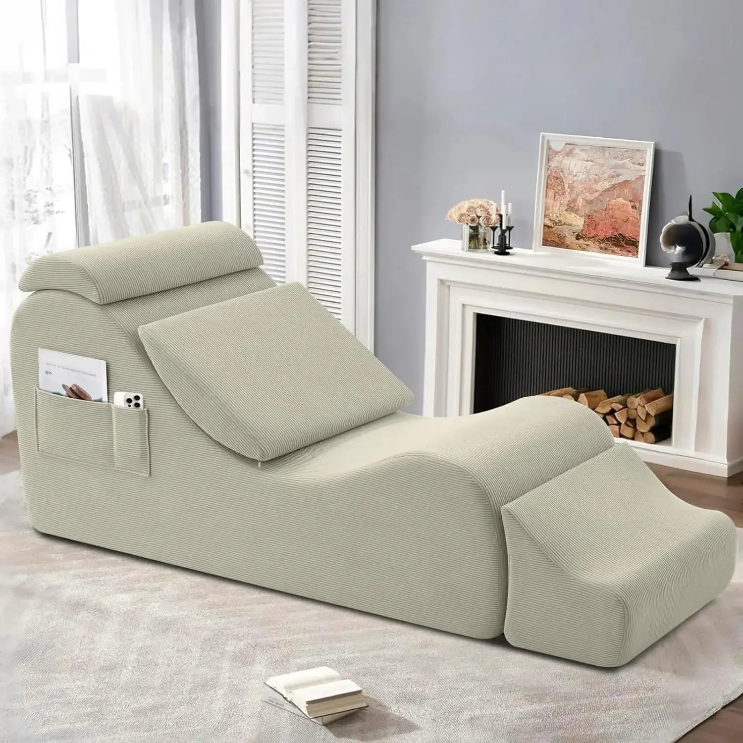 Yoga Chair Lounge for Adult, Ergonomic Chaise Lounge Chair with Side Pocket, Headrest, Waist Pad, Ottoman，Perfect for Stretching