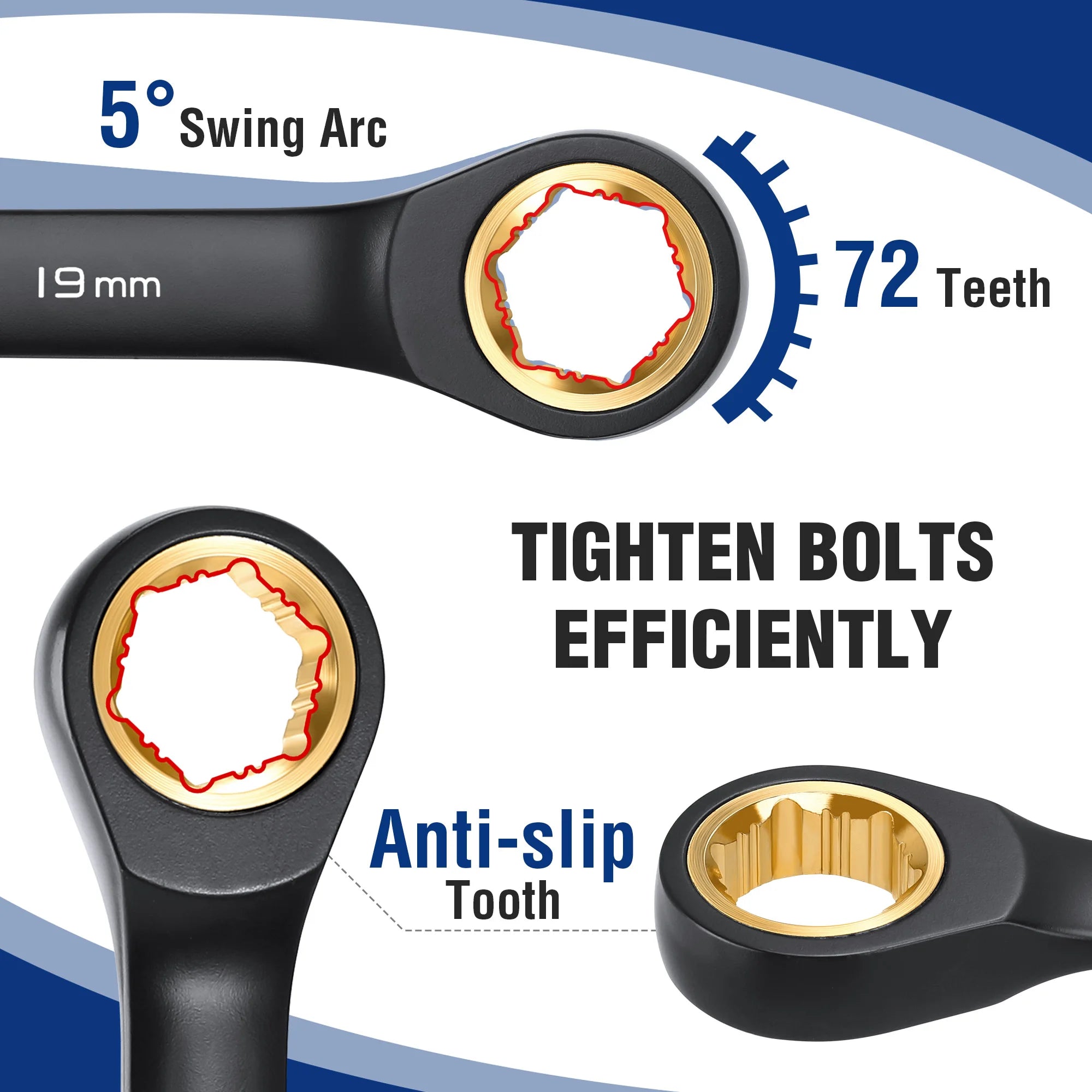 10pcs 72-Teeth Extra Long Ratcheting Wrench Set Metric 8-19 mm