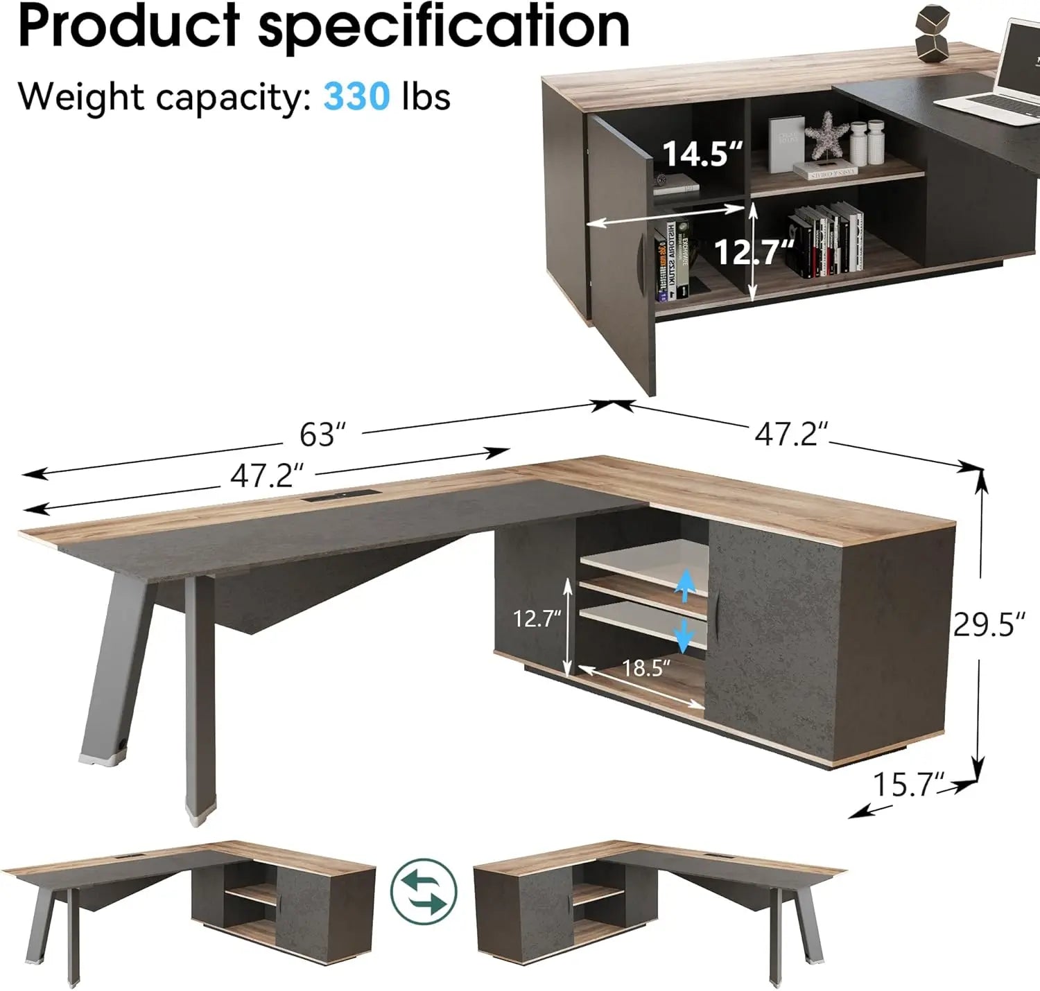63in L-Shaped Executive Desk with 47" lateral File Cabinet/Storage Shelves
