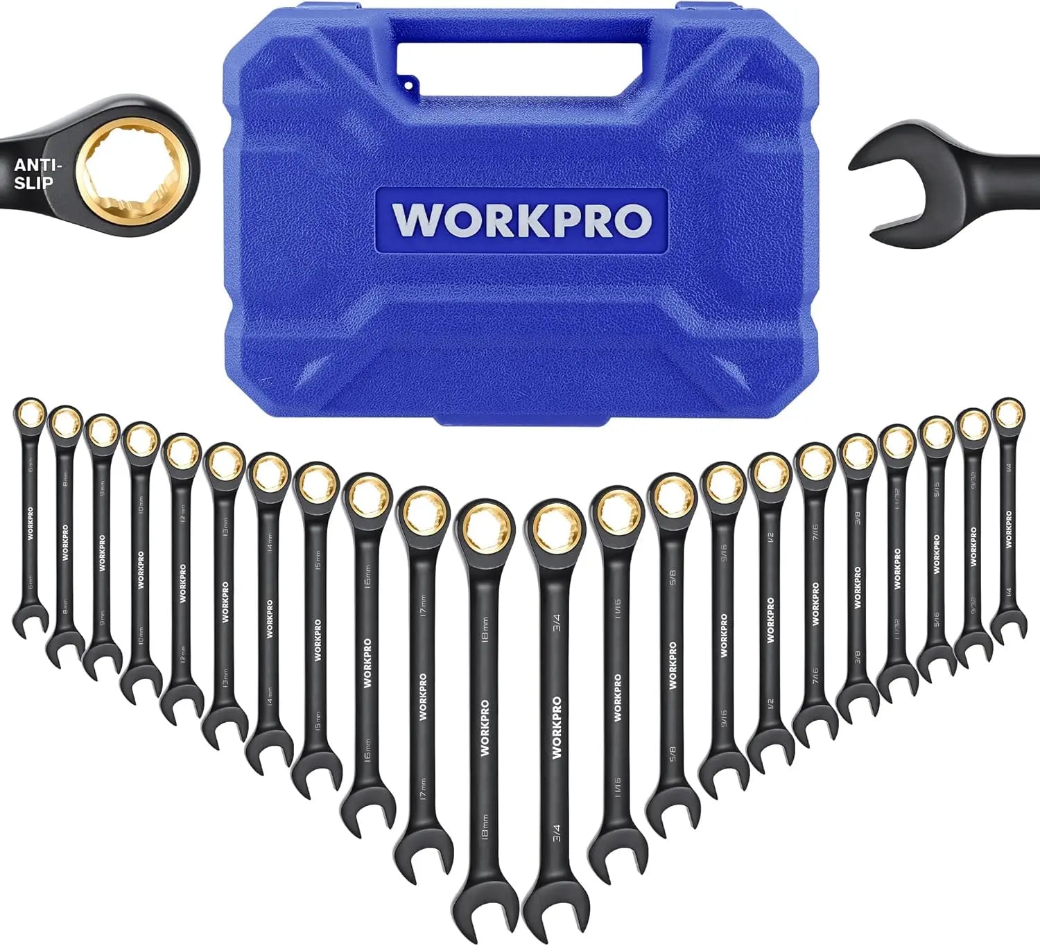 22-Piece Ratcheting Wrench Set with Anti-Slip Teeth, Metric 6-18mm & SAE 1/4-3/4, Black Coating