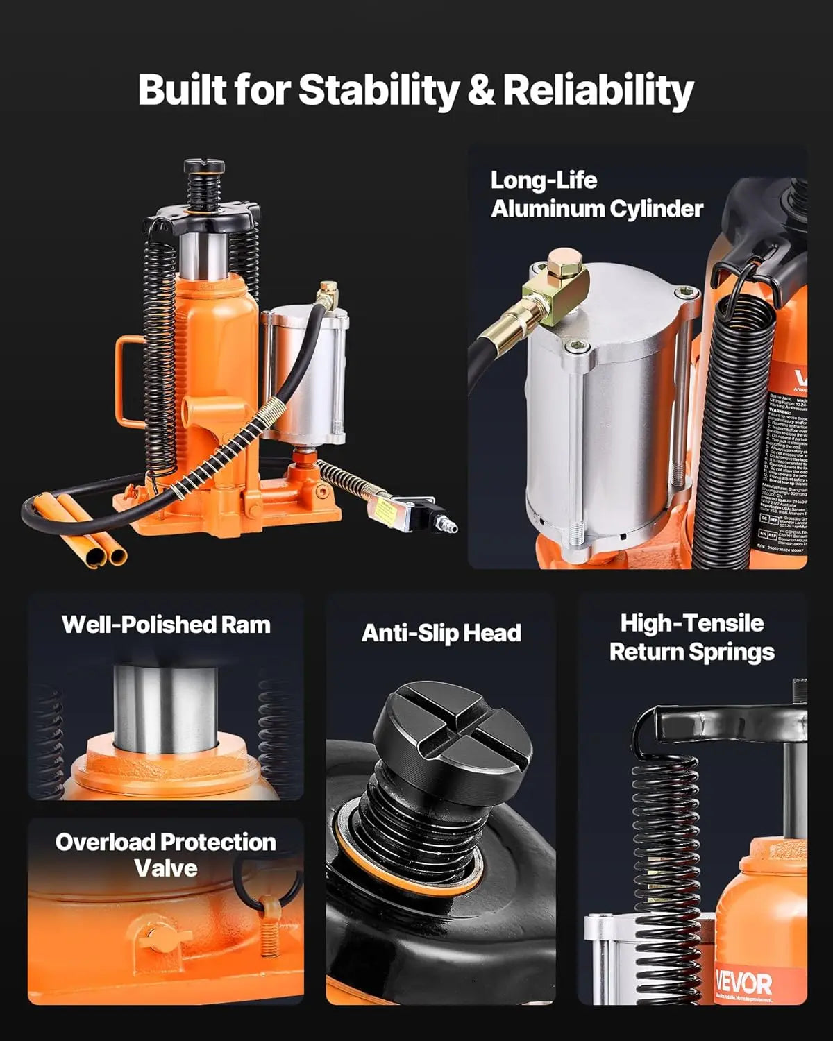 20 Ton Hydraulic Bottle Jack, 40000 LBS Capacity, 10.4-19.7 Inch Lift Range