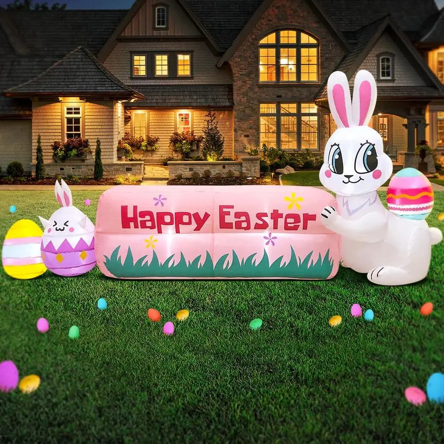 Easter Bunny Outdoor Decoration with Happy Easter Banner, Built in LED Lights, Blow Up Yard Decoration