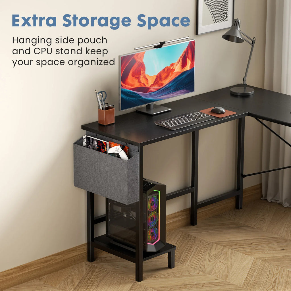 L Shaped Standing Office Computer Desk with Storage Bag and Side Hook