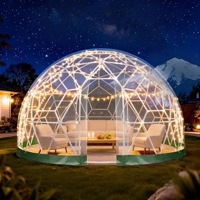 12ft x 7.2ft Geodesic Dome Greenhouse Tent with Clear PVC Cover and Waterproof Feature, Includes 2x10m Light Strings
