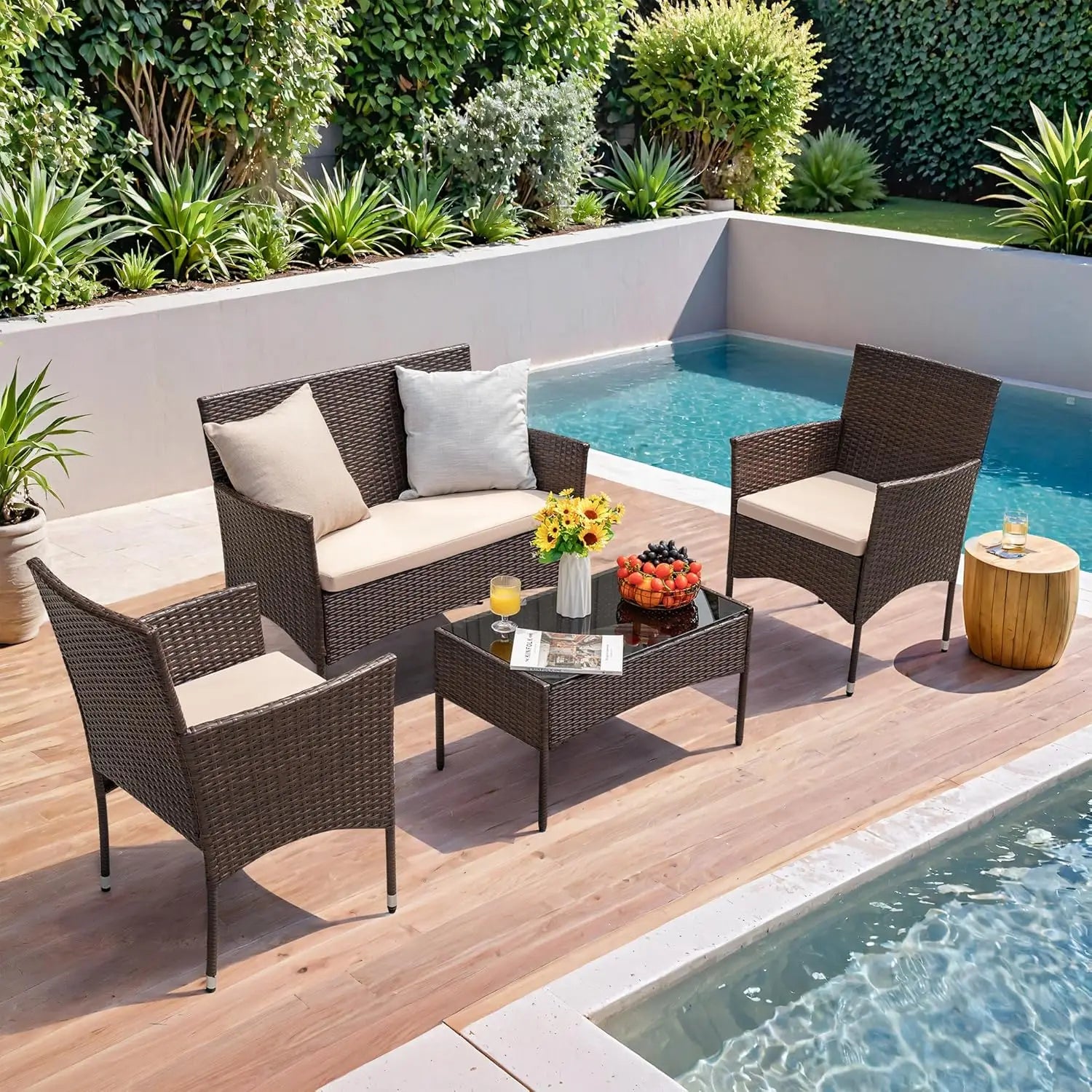 4 Pieces Outdoor Patio Rattan Chair Wicker Set