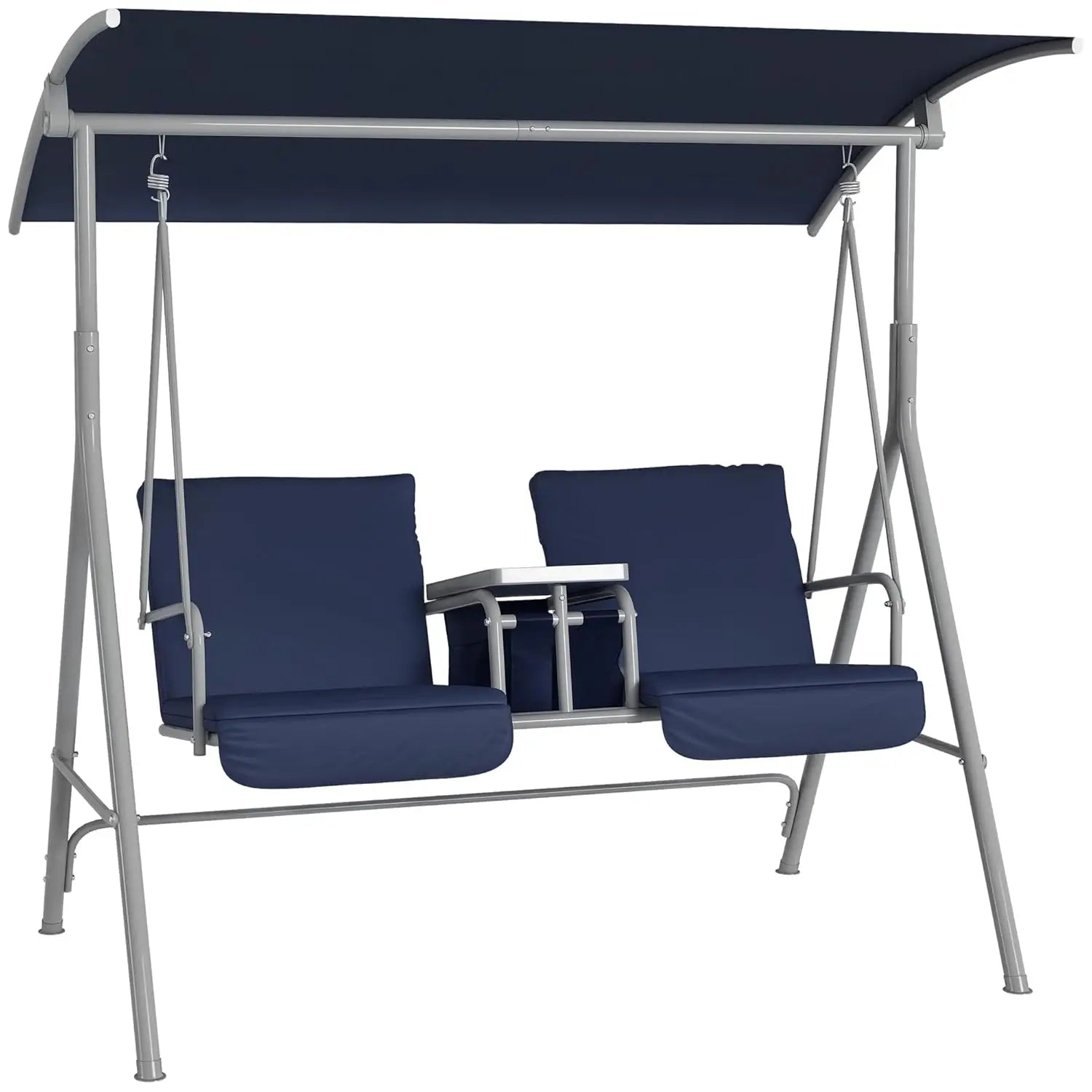2 Person Outdoor Porch Swing with Stand Canopy, Pivot Storage Table, 2 Cup Holders, Cushions