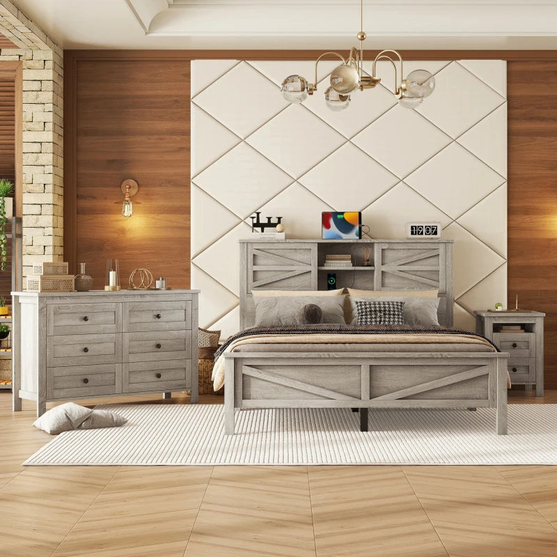 3-Pieces Bedroom Sets Full/ Queen Size Farmhouse Platform Bed with Double Sliding Door Storage Headboard and Charging Station