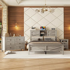 3-Pieces Bedroom Sets Full/ Queen Size Farmhouse Platform Bed with Double Sliding Door Storage Headboard and Charging Station
