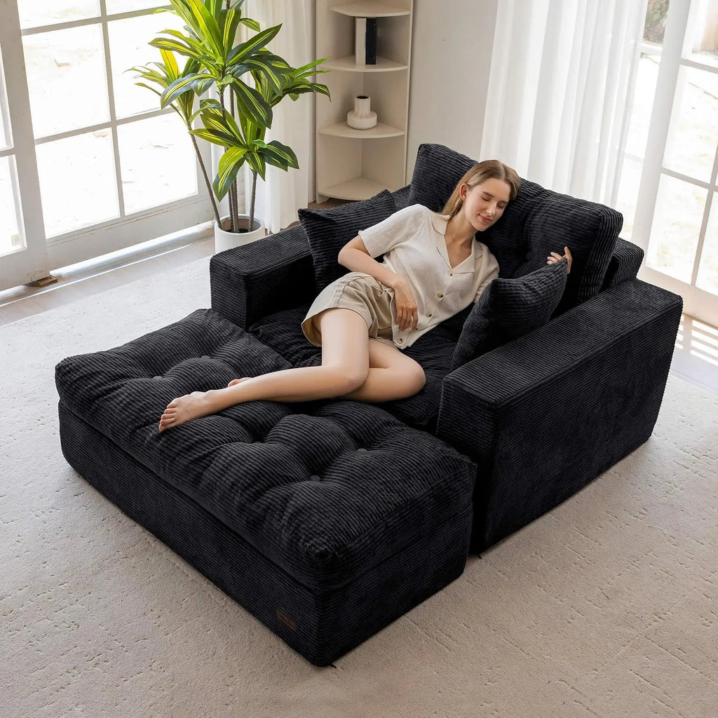 Upholstered Lounge Chair with 3 Pillows, Tufted Boneless Sofa Couch with Ottoman
