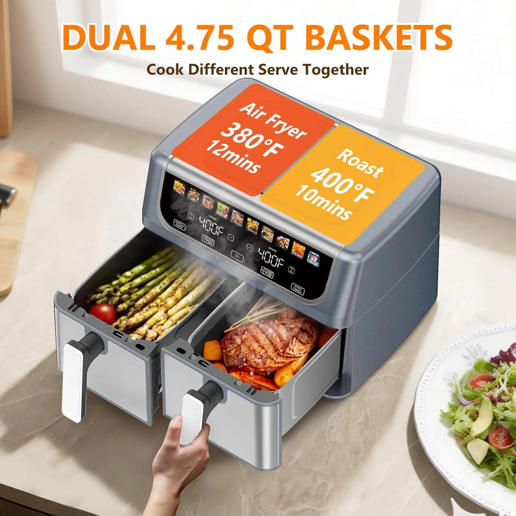 10-in-1 Air Fryer 9.5 QT, Large Airfryer with with 2 Independent Frying Baskets, Sync Finish & Match Cook, Shake Reminder