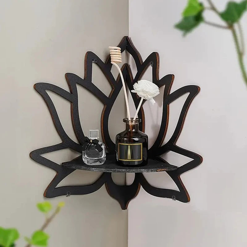 Wooden Lotus Hollow Decorative Wall Mounted Corner Shelf
