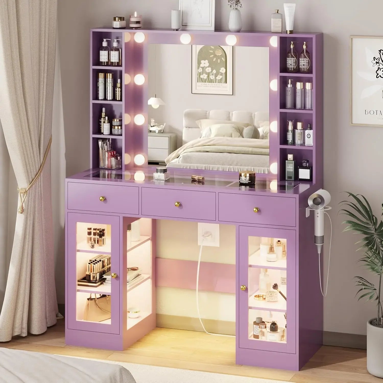 Glass Top Vanity with Lighted Mirror & RGB Glass Cabinet and 3 Drawers