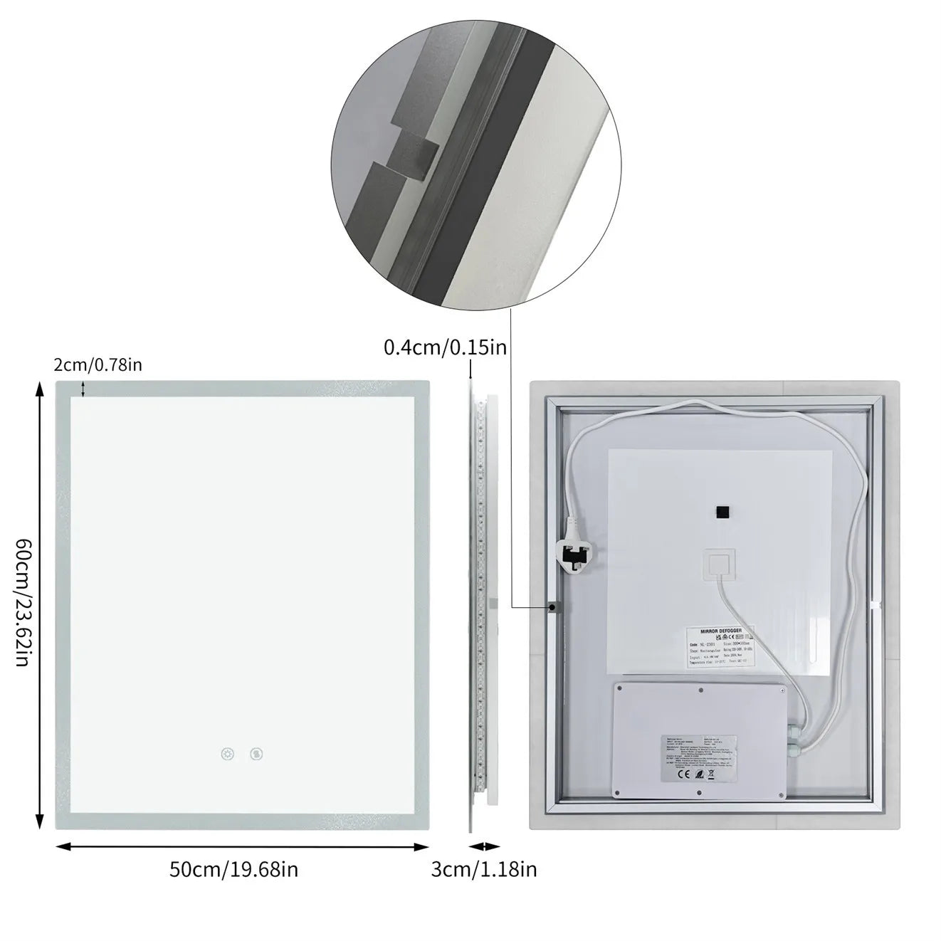 Wall Mirror w Anti-fog, Dual buttons, Memory, Tri-color light, Touch Dimmable