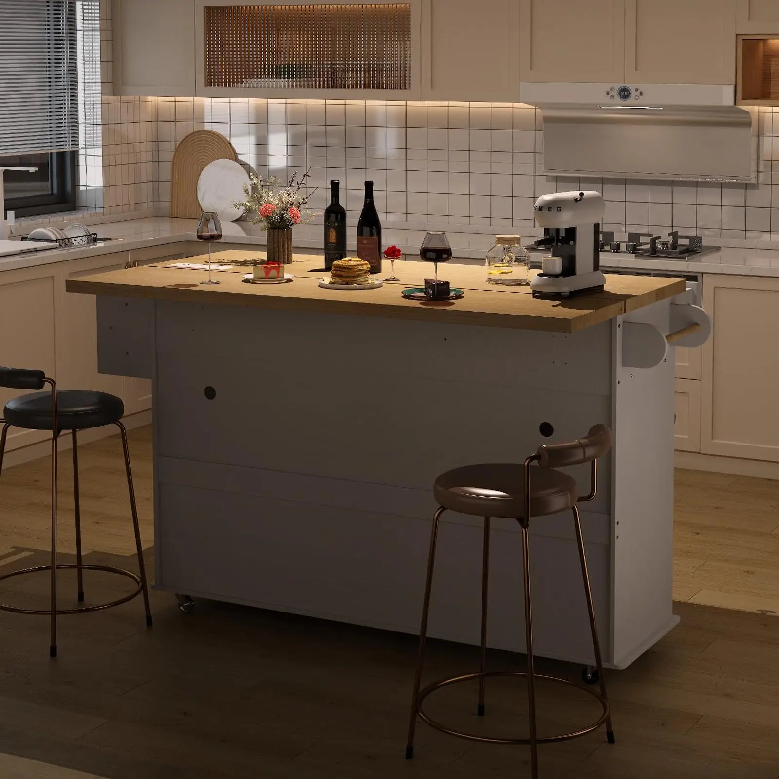 60" Mobile Kitchen Island Table Drop Leaf Home Carts with Power Outlet Spice Towel Rack Trash