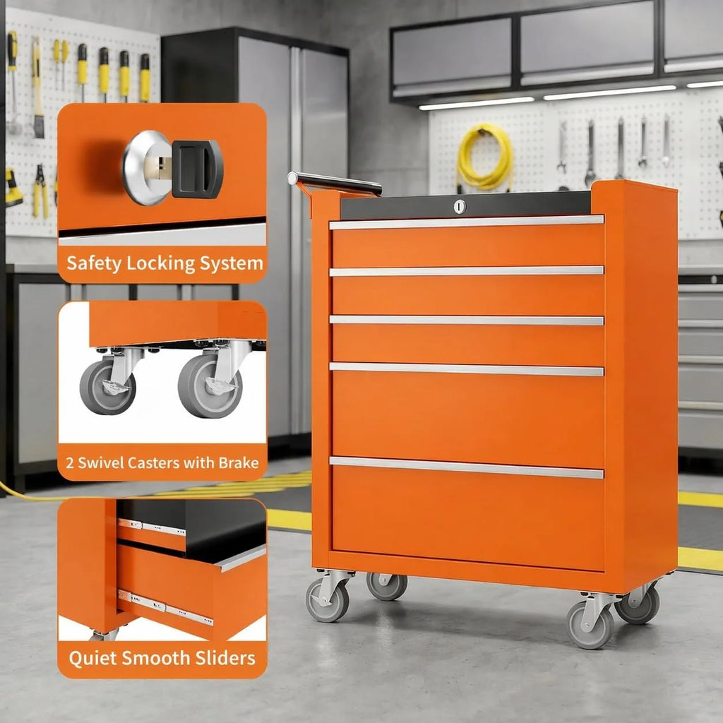5 Drawer Rolling Tool Chest with Wheels, Locking Tool Storage Cabinet Cart with Drawer Liners, Portable Metal Toolbox Organizer for Garage Workshop Repair