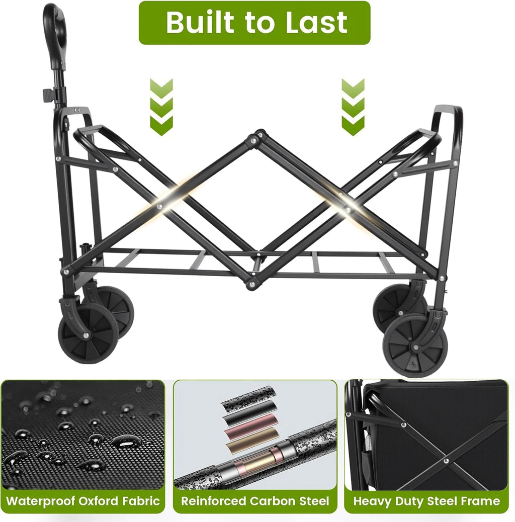 Heavy Duty Foldable, Portable Wagons for Groceries, Beach Cart with All-Terrain Wheels  Drink Holders