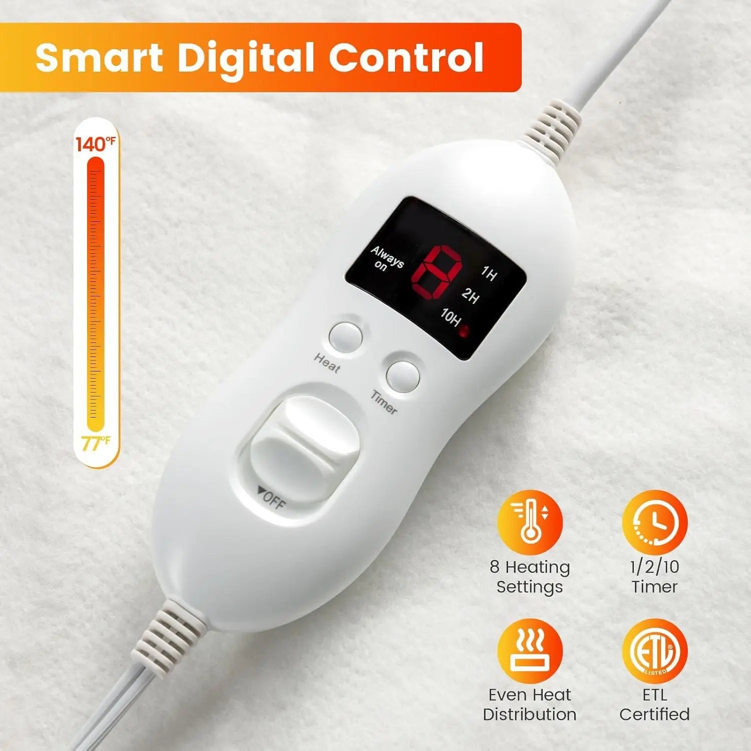 Dual Control Electric Mattress Pad Bed Warmer With 8 Heat Settings & 10H Timer