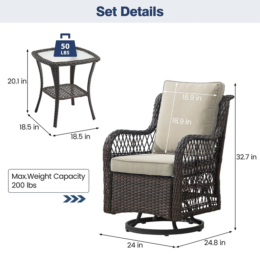 3-Piece Wicker Swivel Rocking Patio Set, 2 Chairs & Glass Table