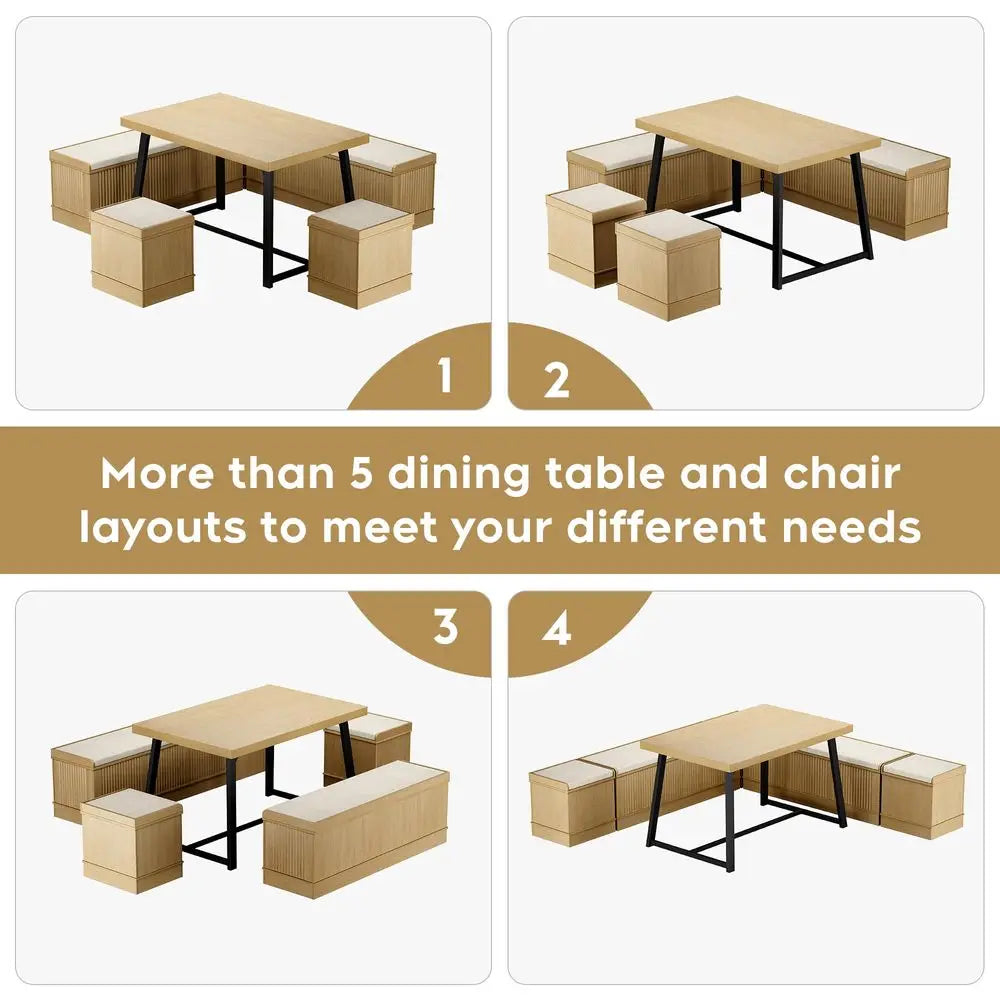 Corner Dining Table Set, 43 Inch Breakfast Nook Table Set with Bench with Hidden Storage amp 2 Ottomans, 5Piece