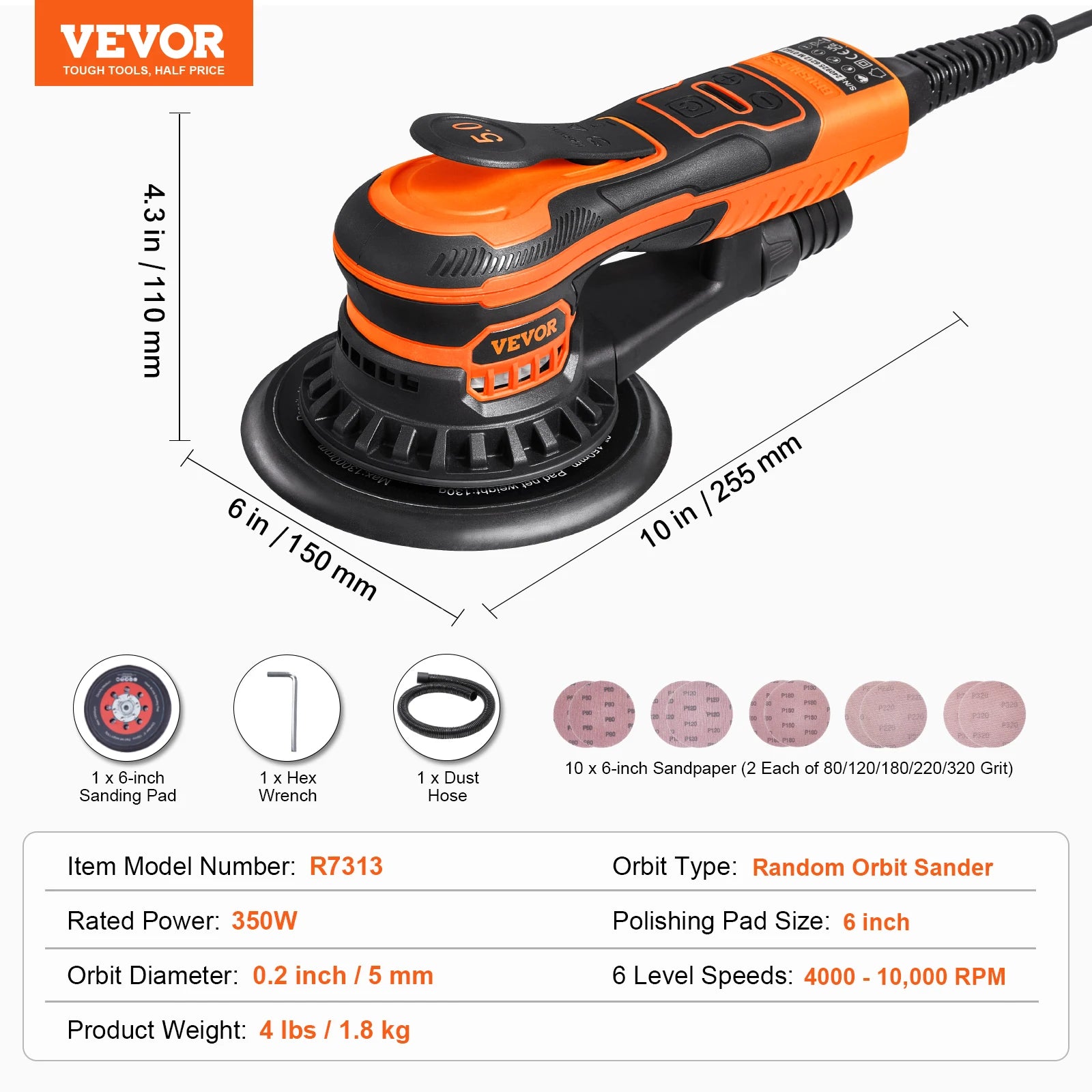 350W Brushless 10000 PRM 6 Variable Speed Electric Orbital Sander for Woodworking Detail Sanding