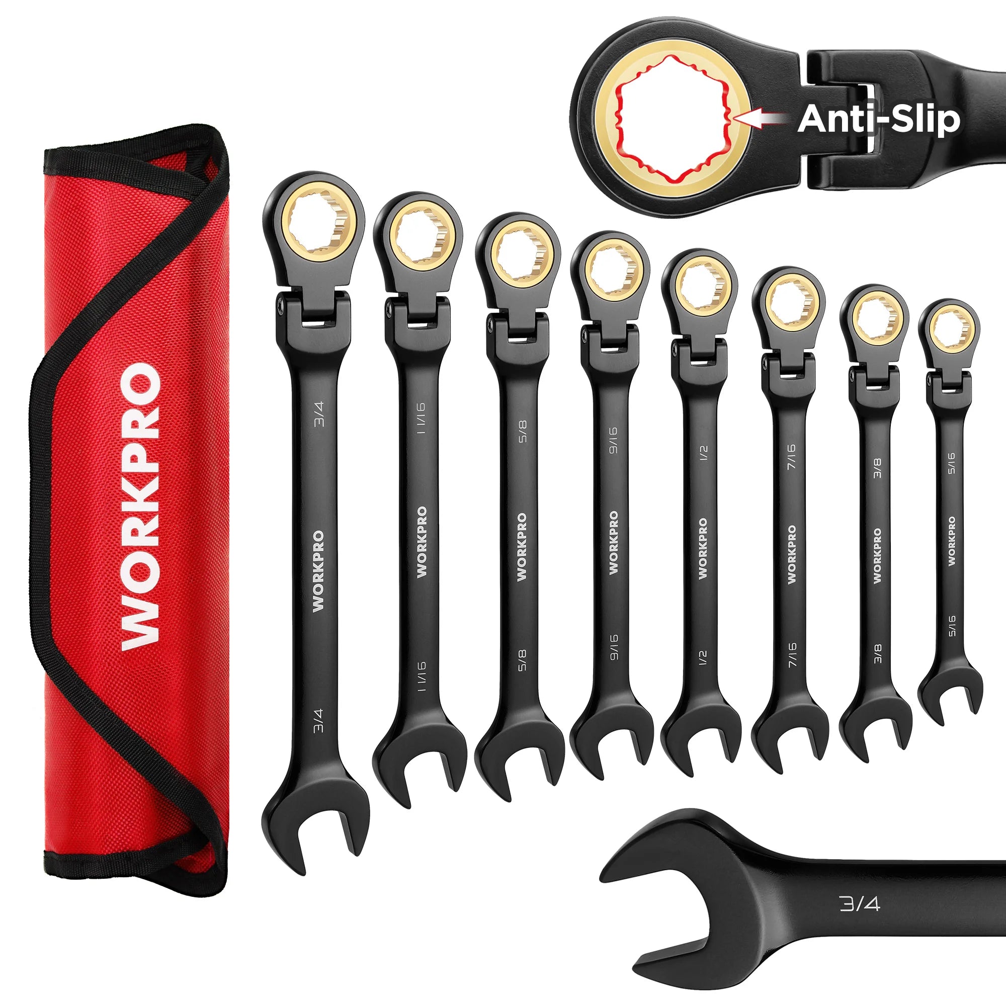 8pcs Flex-Head Ratcheting Combination Wrench Set SAE 5/16-3/4 in 72-Teeth CR-V Constructed