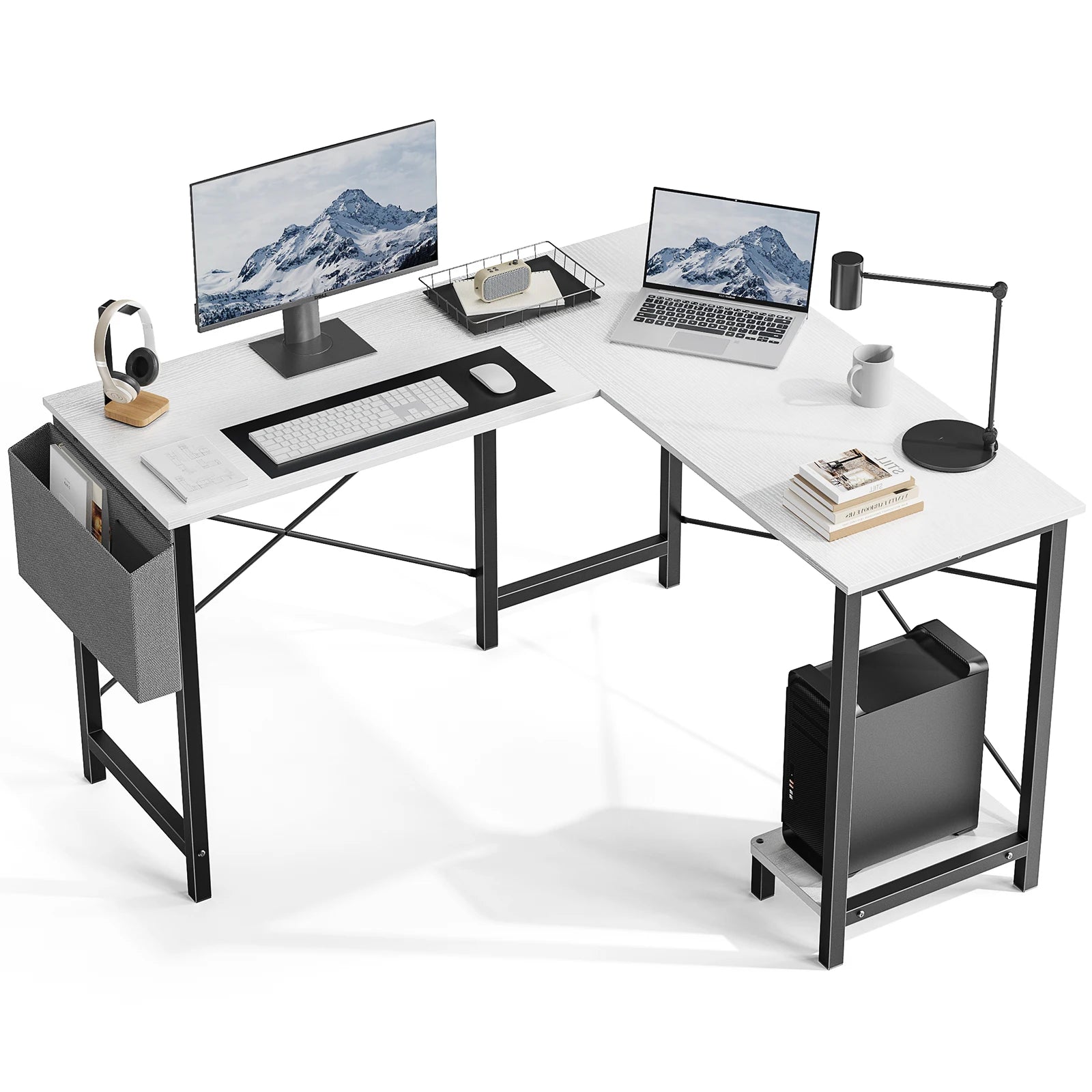 50 Inch Office Writing PC Wooden Table with CPU Storage Shelf & Side Bag for Home Office Bedroom Small Space