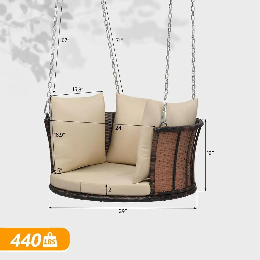 1-Person Use Round Rattan Porch Swing Outdoor Support 440 LBS with Cushions & Adjustable Chains