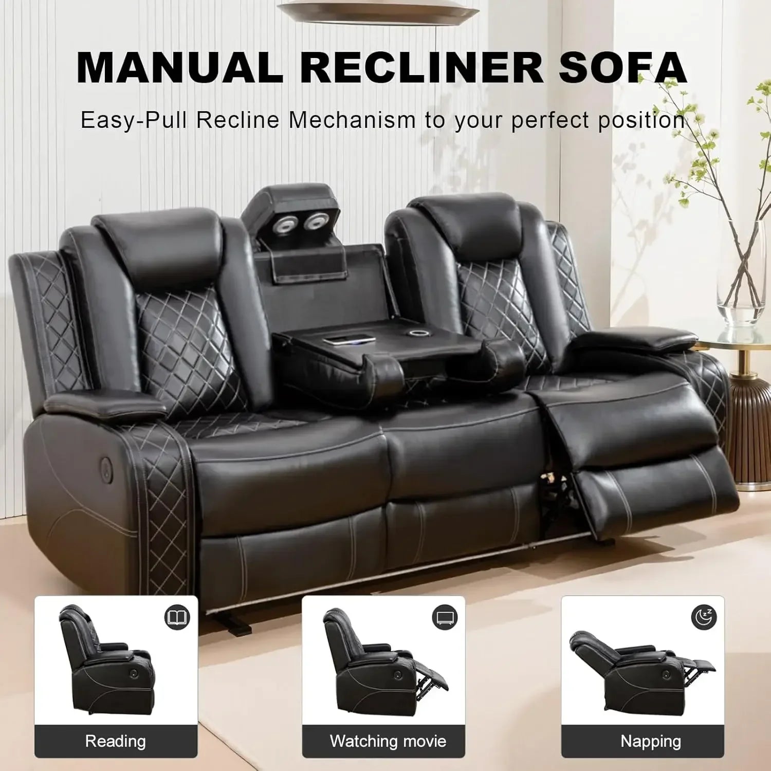 Electric Recliner Chair with LED Light, Sectional Sofa Loveseat with Wireless Charging