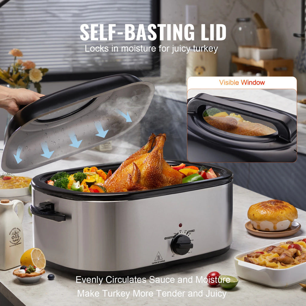 Electric Roaster Oven 24 QT Turkey Roaster Oven with Self-Basting Lid 1450W Roaster Oven Defrost&Warm Function Silver