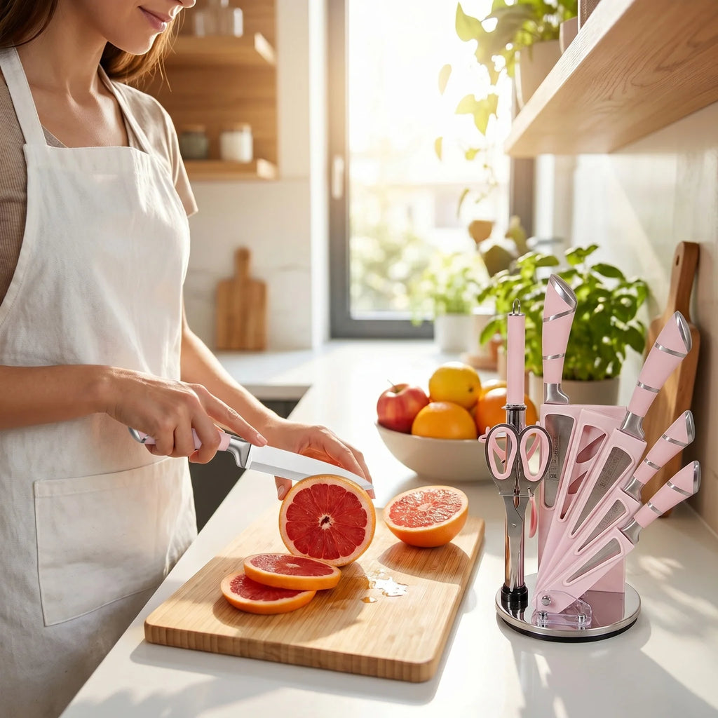 9 Pcs Pink Hollow Handle Stainless Steel Kitchen Knife Set with Rotatable Knife Block,  Includes Chef Knife Cleaver Bread Knife Utility Paring Knife, Kitchen Scissors, Fruit Peeler and Sharpening Rod