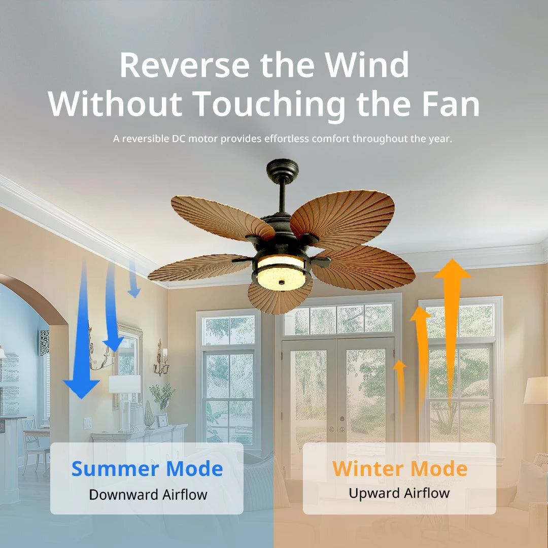 52'' Outdoor Ceiling Fan with Lights, Tropical Palm Leaf Fan, Wet Rated for Patio, Porch & Gazebo, Dimmable LED, 6-Speed,