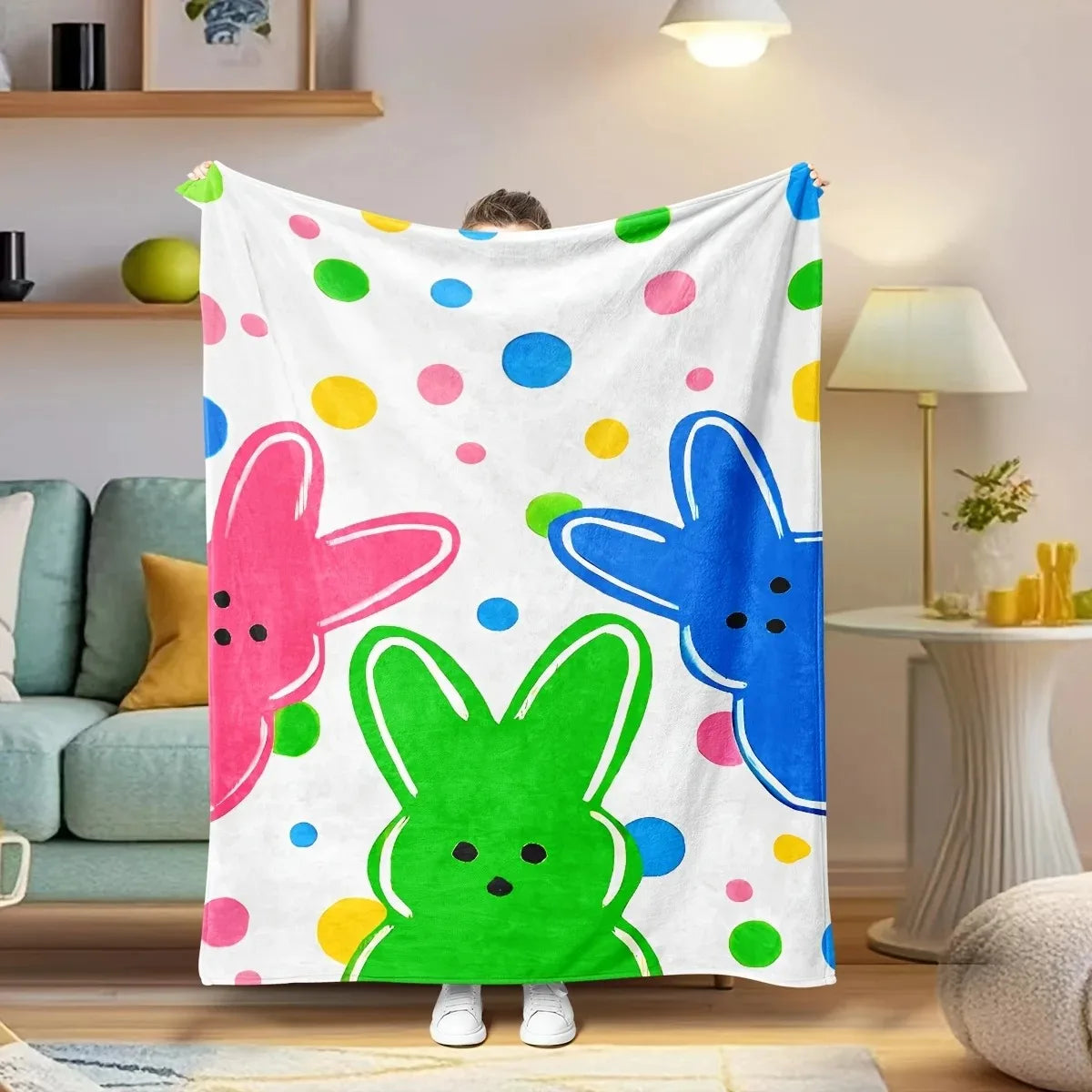 Colorful Easter Bunny Pattern Flannel Throw, Soft Cozy Ideal for Bed Sofa Office Naps Travel Camping, All-Season Gift