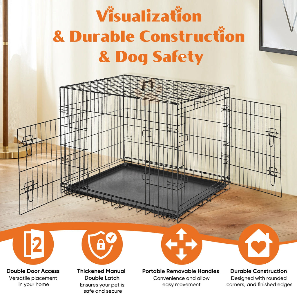 Double Door Folding Metal Wire Dog Crate with Plastic Leak-Proof Tray