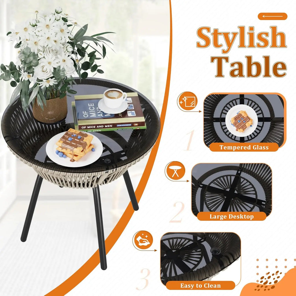 3 Pcs Rope Woven Bistro Set with 2 Wide Chairs, Cushions and Tempered Glass Table