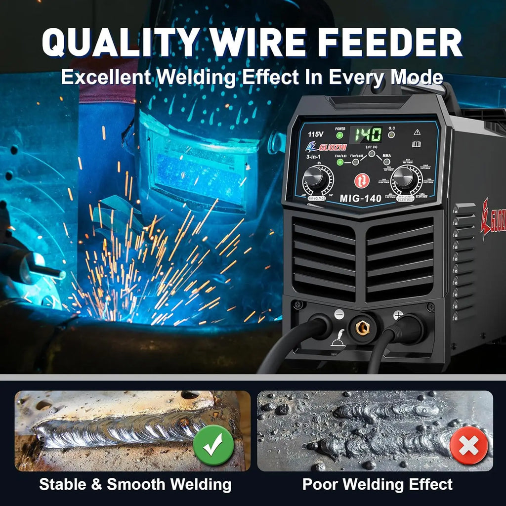 140A 3-in-1 MIG/ARC/Lift TIG Welder, 110V Multi-Process Welding Machine with Flux Core Gun
