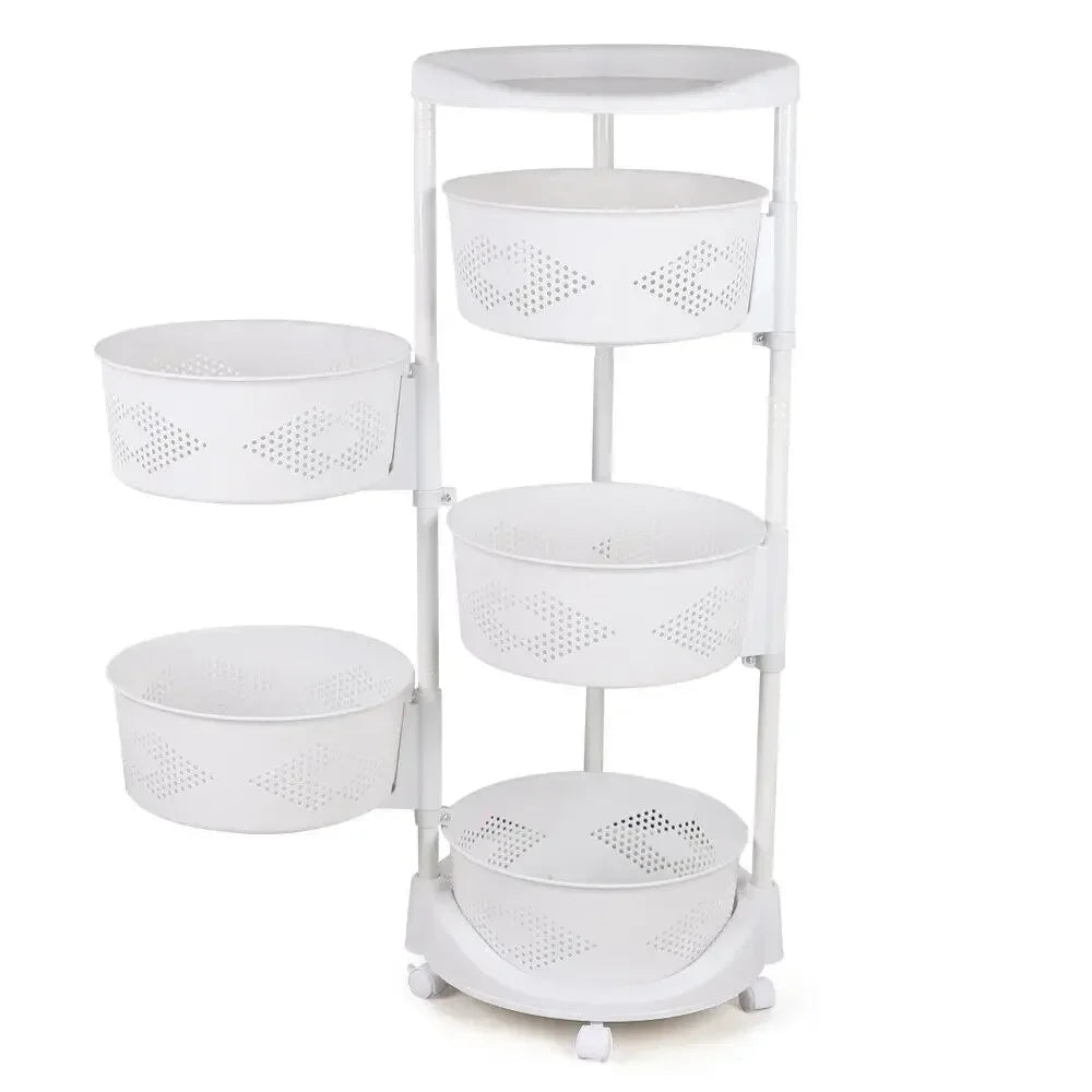 5 Tier Rotating Kitchen Organizer Rack 360° Swivel Baskets Adjustable Height with Wheels