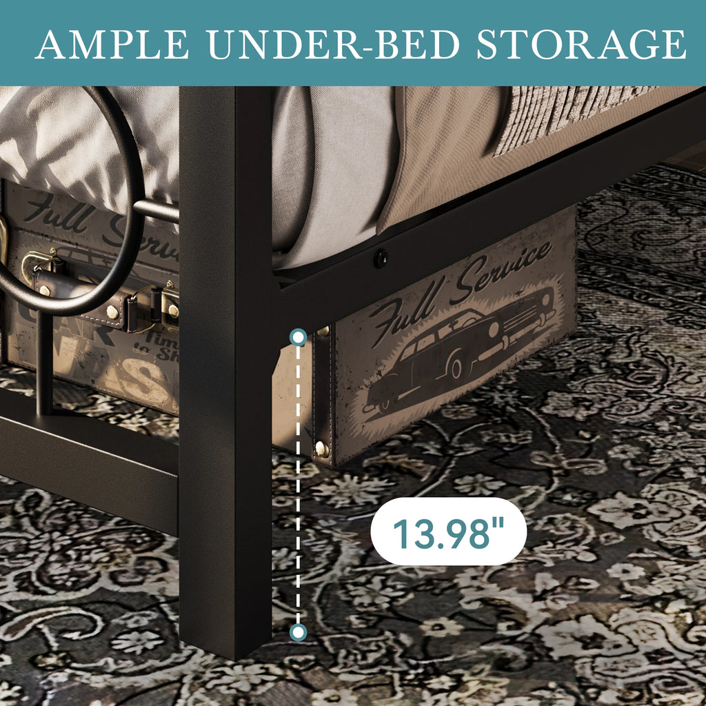 Metal Platform Bed Frame with Vintage Circular Design Headboard and Footboard, Extra Under-Bed Storage