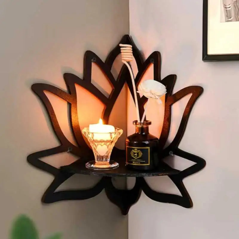 Wooden Lotus Hollow Decorative Wall Mounted Corner Shelf
