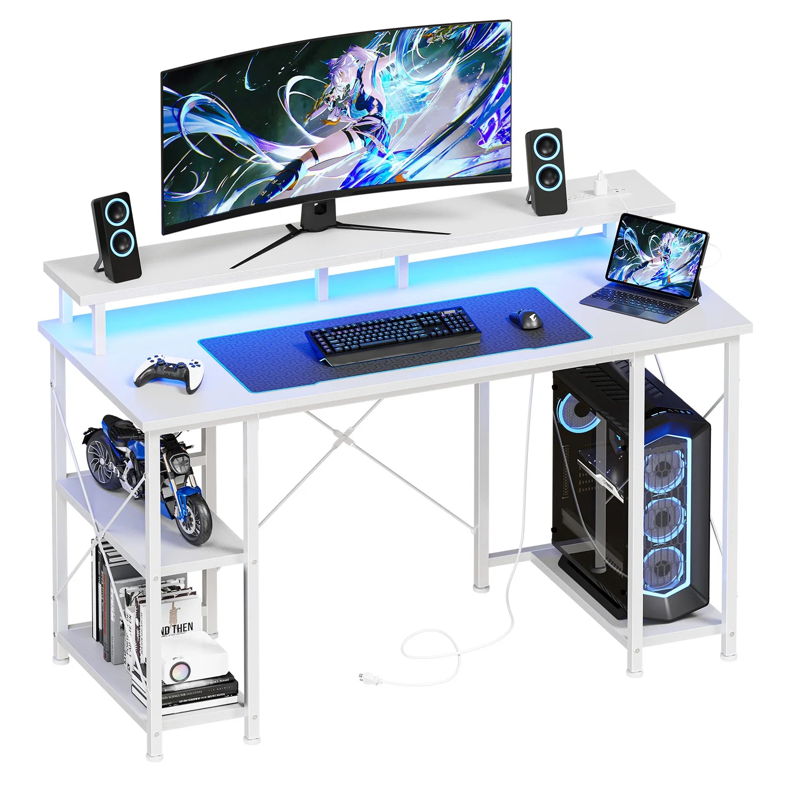 48 Inch Computer Desk with with Shelves Storage Drawers LED Lights Power Outlets Gaming Desk