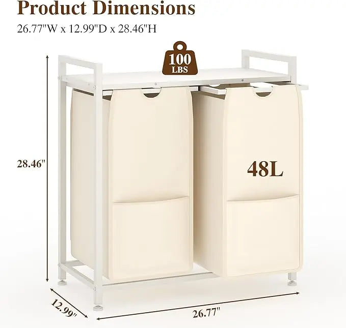 2 Compartments Laundry Basket with Shelf