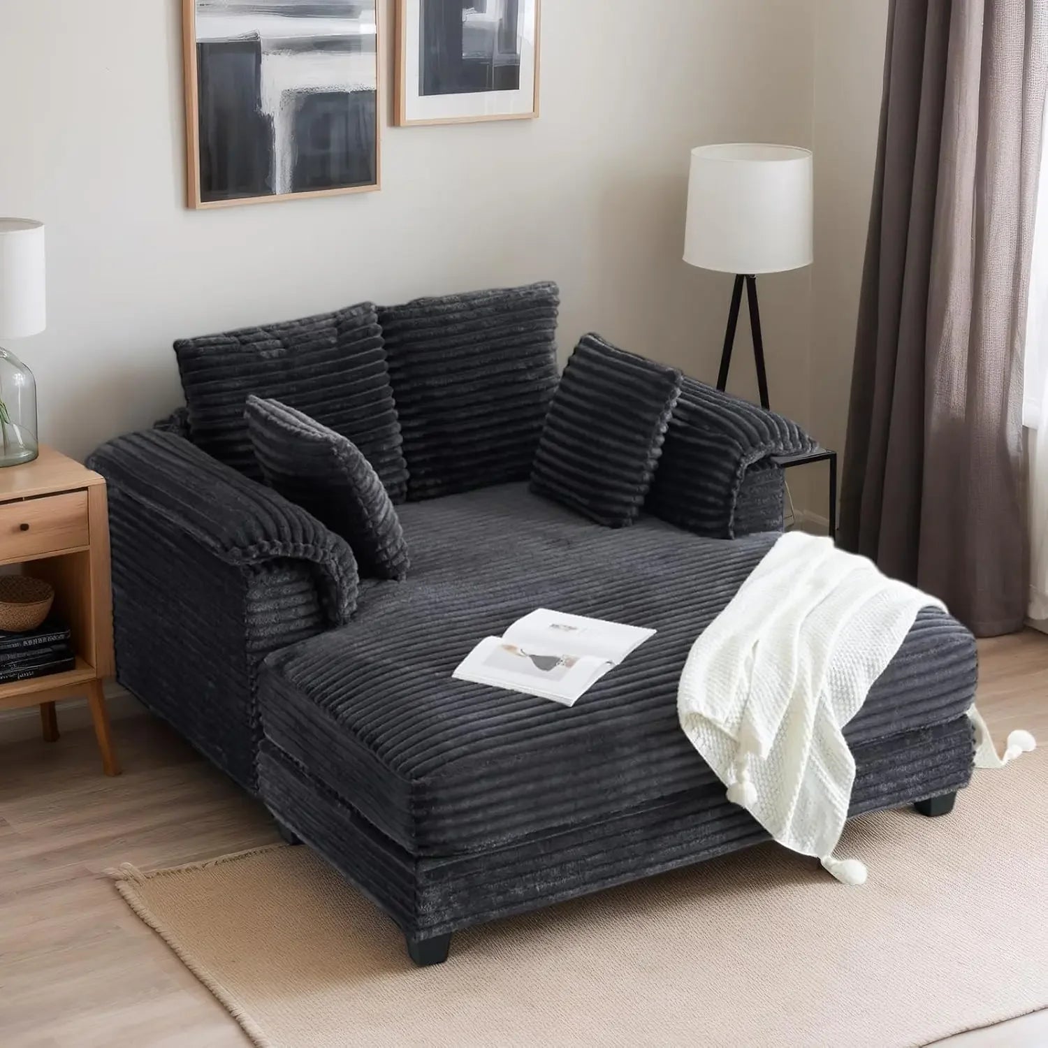 56" Oversized Chaise Lounge Chair, Black Comfy Corduroy Chaise Sofa Recliner Bed with Throw Pillow