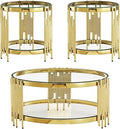 3 Piece Living Room Table Set with 1 Glass Coffee Table and 2 End Tables, 2 Tier Glass Coffee Table Set of 3 with Round Stainles